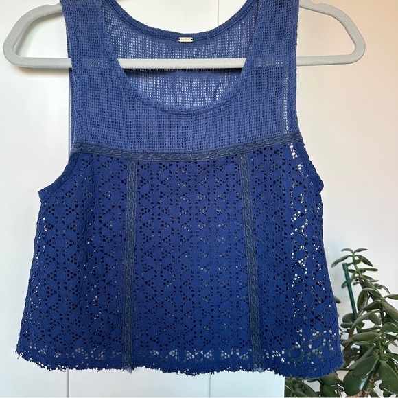 Free People Blue Cropped Lace Tank Top - Picture 1 of 6